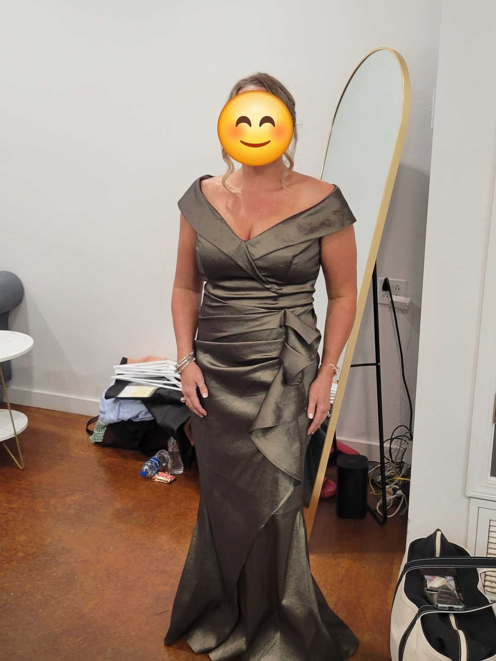 Xscape Olive Metallic Off-Shoulder Ruffled Evening Gown